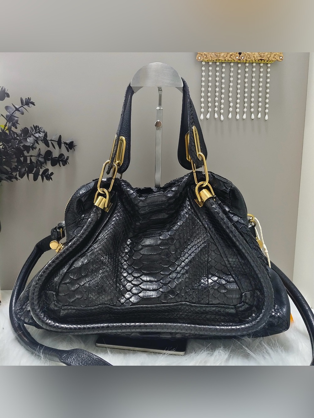 100% authentic Chloe Paraty Bag black crocodile skin leather